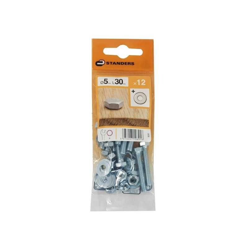  Lot de 12 boulons tête 6 pans acier zingué l.30 x diamètre 5 mm  Standers STANDERS - Sanifer Tamatave