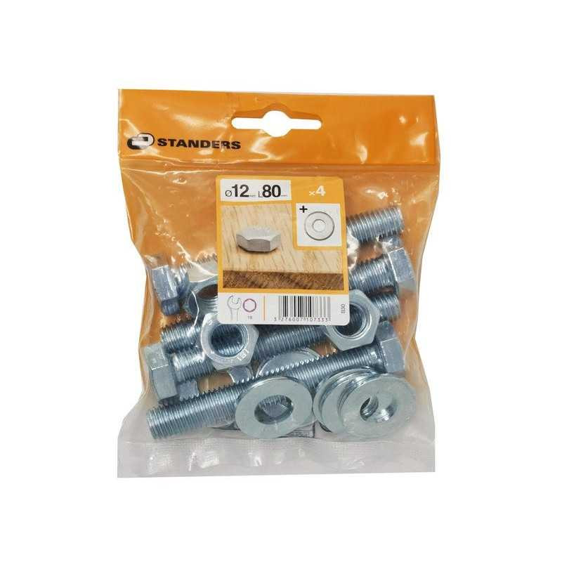  Lot de 4 boulons tête 6 pans acier zingué l.80 x diamètre 12 mm  Standers STANDERS - Sanifer Tamatave