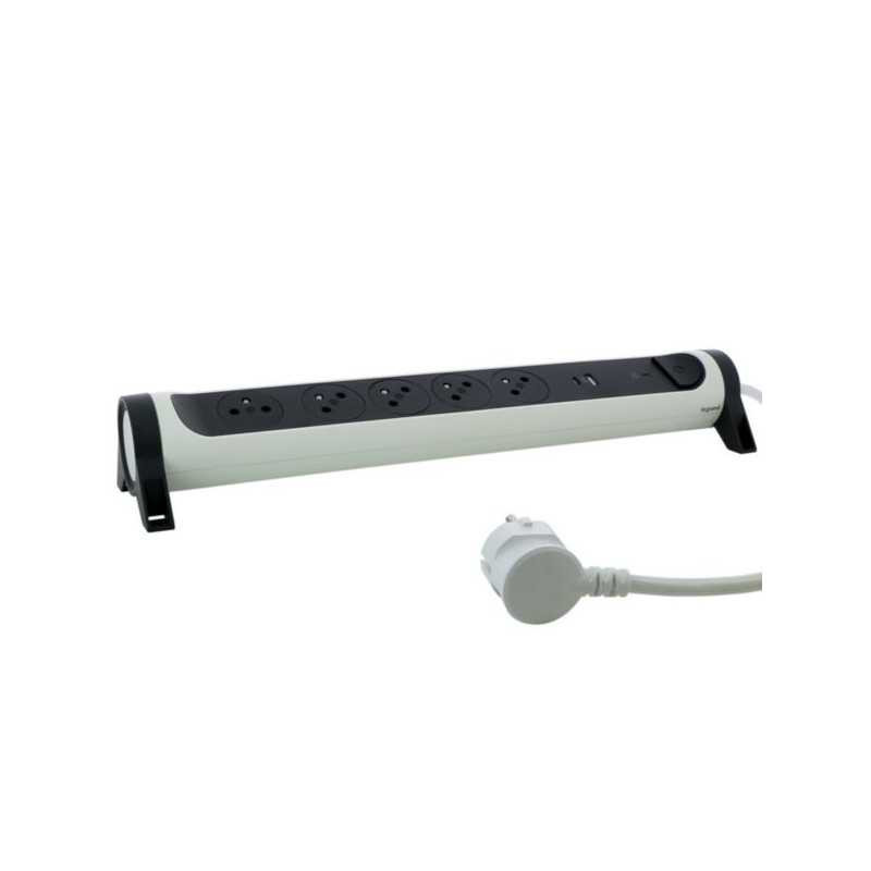  Rallonge multiprise 5 prises 2 pôles + terre surface usb type-a + type-c - blanc et gris foncé Legrand LEGRAND - Sanifer Tamata