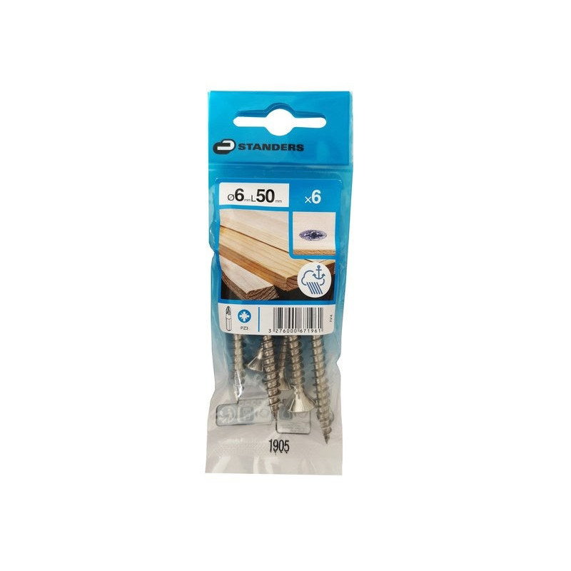  Lot de 6 vis inox tête fraisée diamètre 6 mm x l.50 mm Standers STANDERS - Sanifer Tamatave